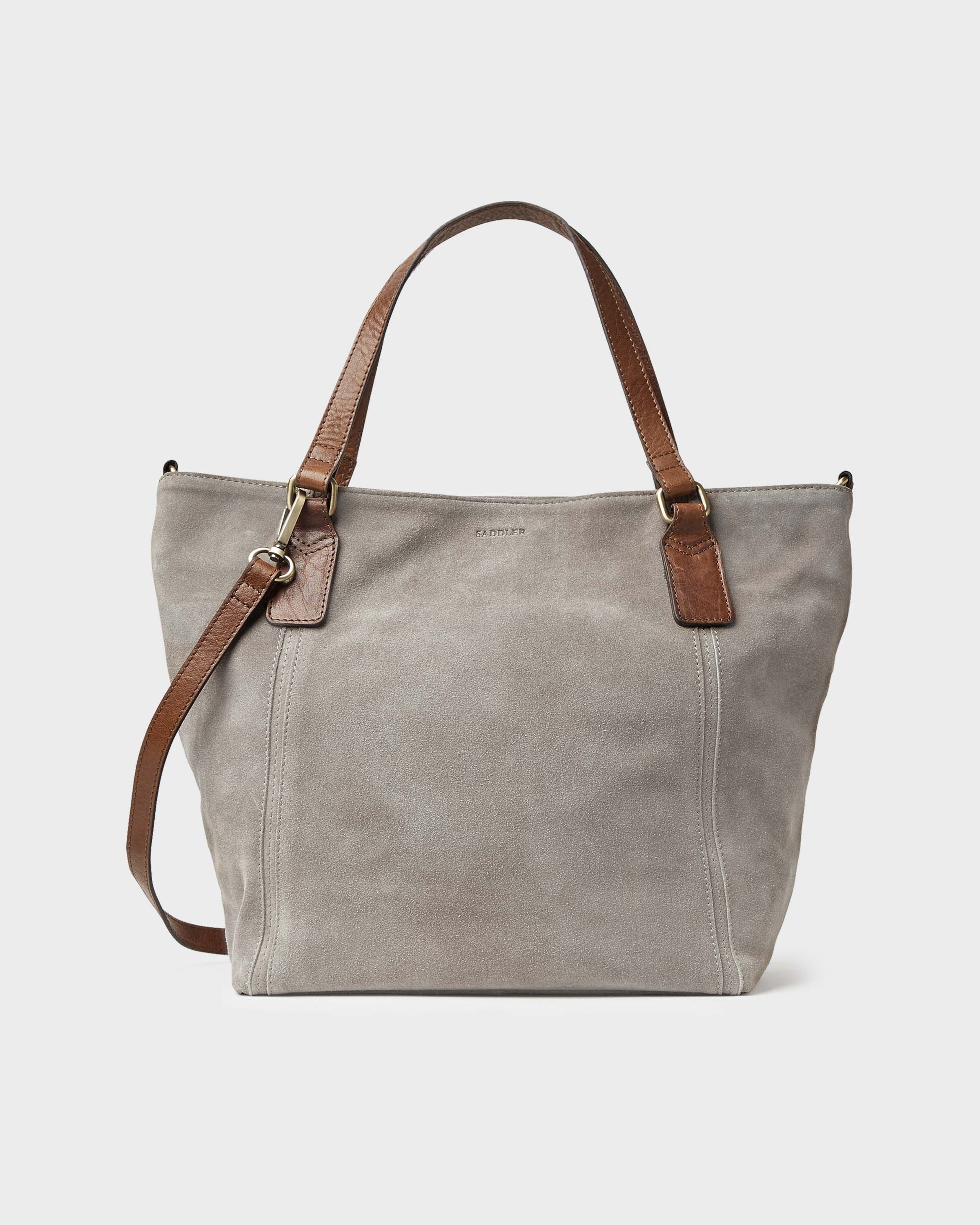 grey leather tote handbag